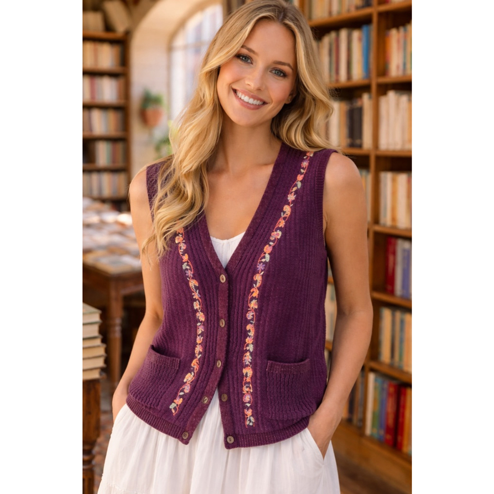 Vintage Koret Button Front Knit Sweater Vest Plum Embroidered Boho Quiet Luxury